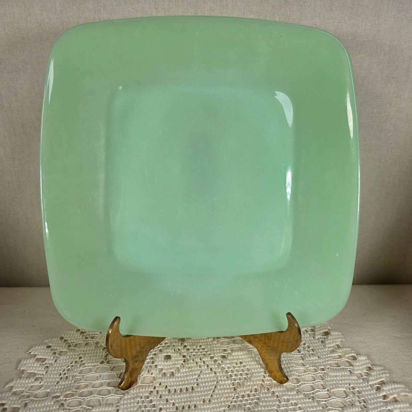 Jadeite Charm 8 3/8" Square Luncheon Plate - Vintage Jade Green Glass - Mid-Century Modern Design