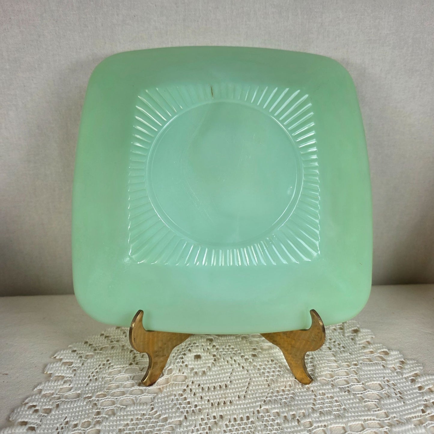 Jadeite Charm 8 3/8" Square Luncheon Plate - Vintage Jade Green Glass - Mid-Century Modern Design