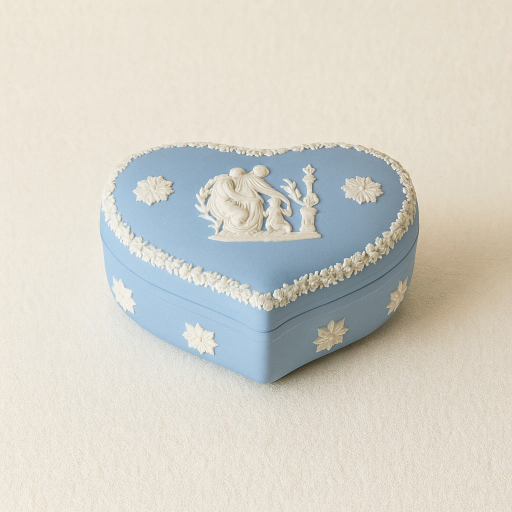 Wedgwood Blue Jasperware Heart Trinket Box – Classical Relief – England Vintage