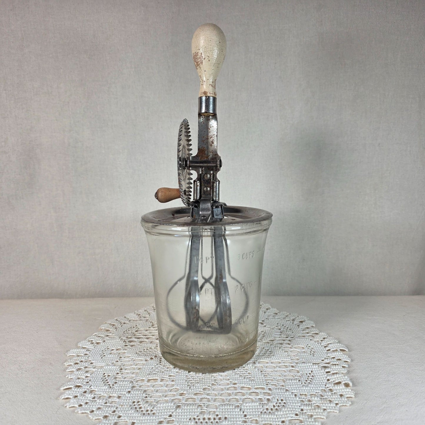 Vintage A.J. Egg Beater Mixer With Glass Jar 3-Cup Capacity Gear-Driven Metal Mechanism & Wooden Handle