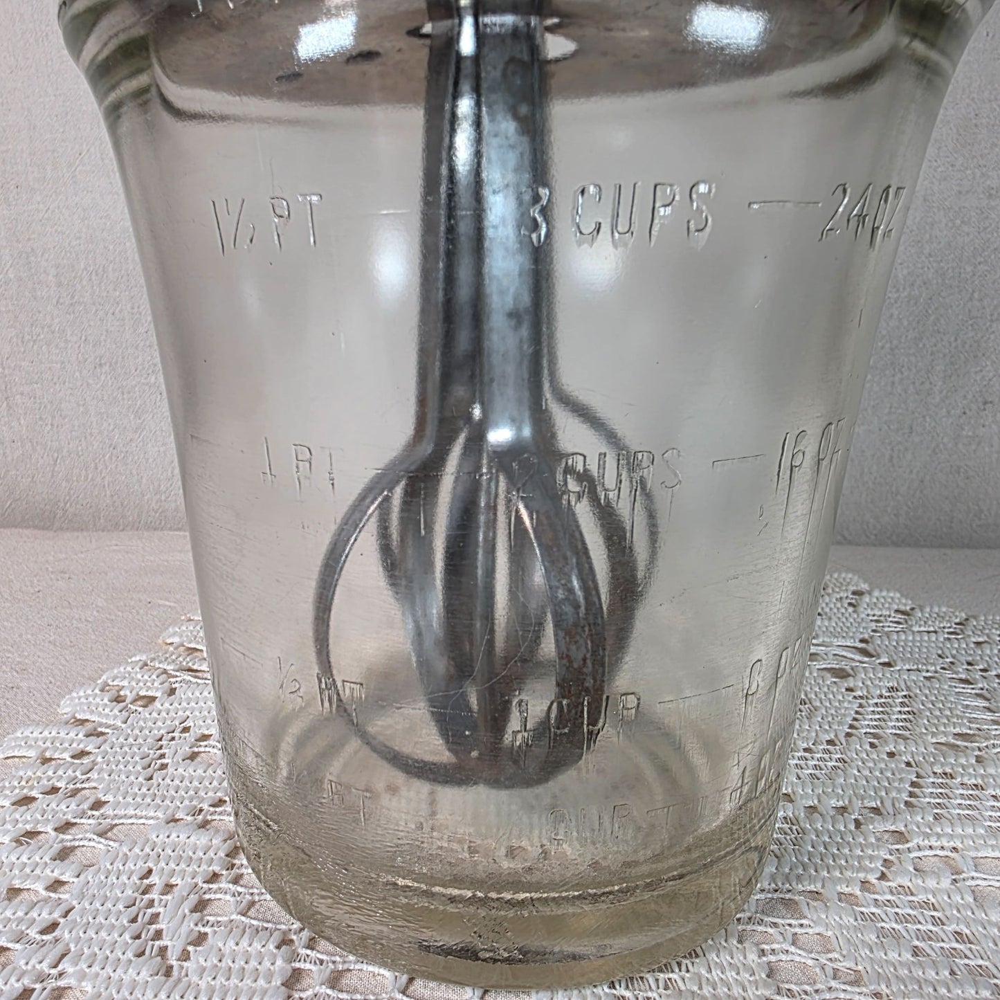 Vintage A.J. Egg Beater Mixer With Glass Jar 3-Cup Capacity Gear-Driven Metal Mechanism & Wooden Handle