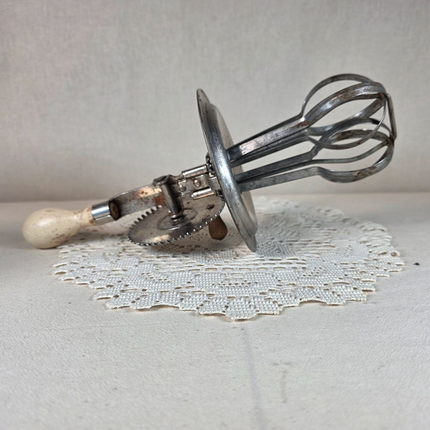 Vintage A.J. Egg Beater Mixer With Glass Jar 3-Cup Capacity Gear-Driven Metal Mechanism & Wooden Handle