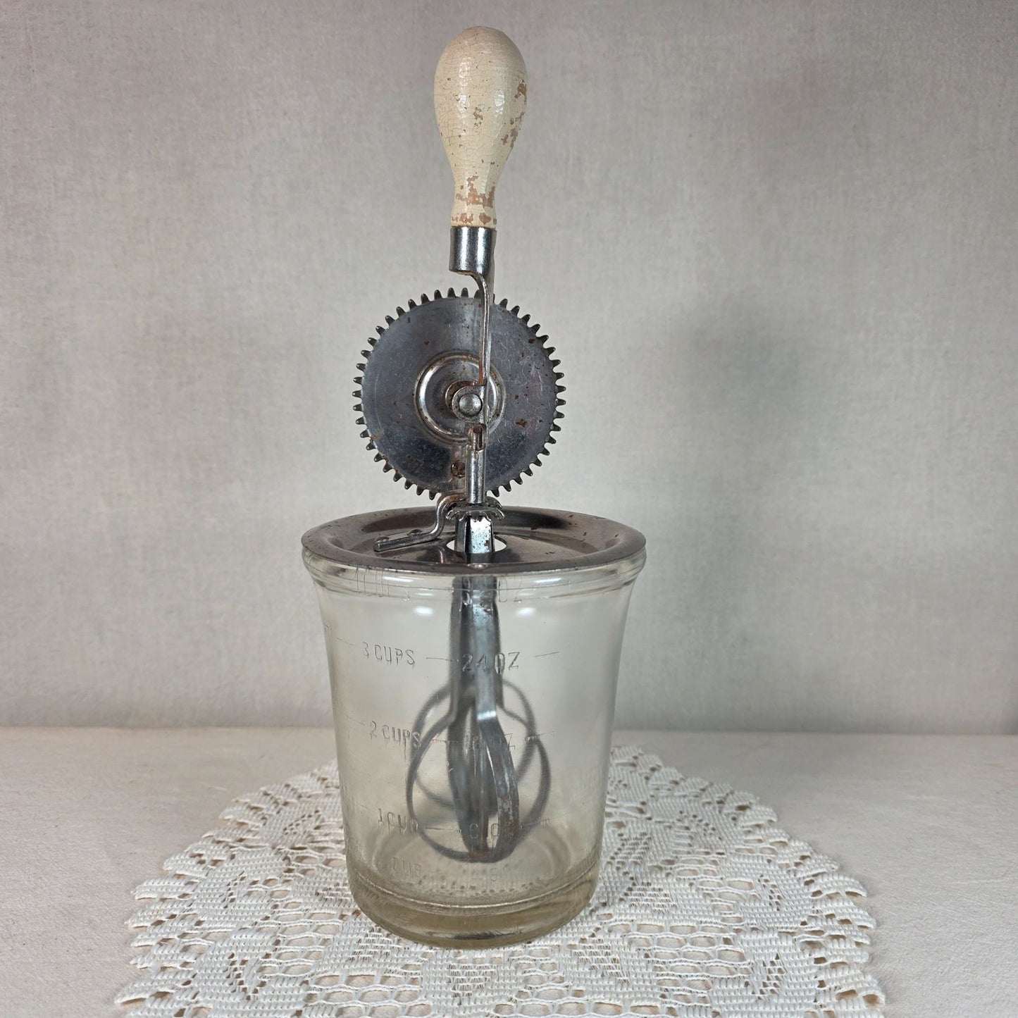 Vintage A.J. Egg Beater Mixer With Glass Jar 3-Cup Capacity Gear-Driven Metal Mechanism & Wooden Handle