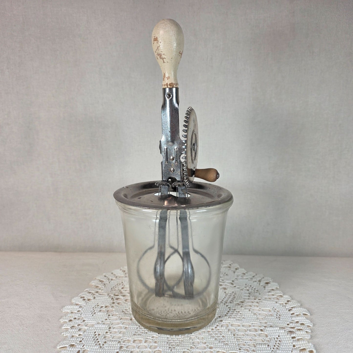 Vintage A.J. Egg Beater Mixer With Glass Jar 3-Cup Capacity Gear-Driven Metal Mechanism & Wooden Handle