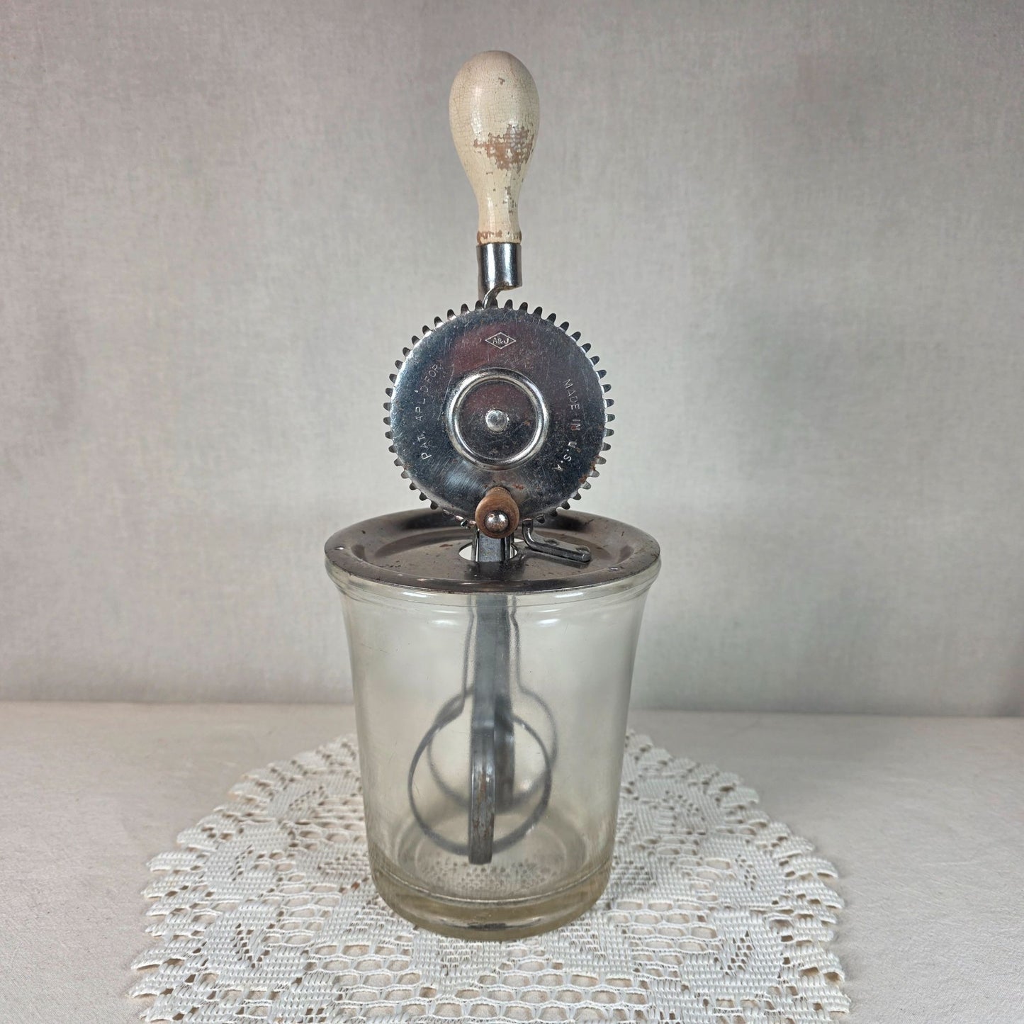 Vintage A.J. Egg Beater Mixer With Glass Jar 3-Cup Capacity Gear-Driven Metal Mechanism & Wooden Handle