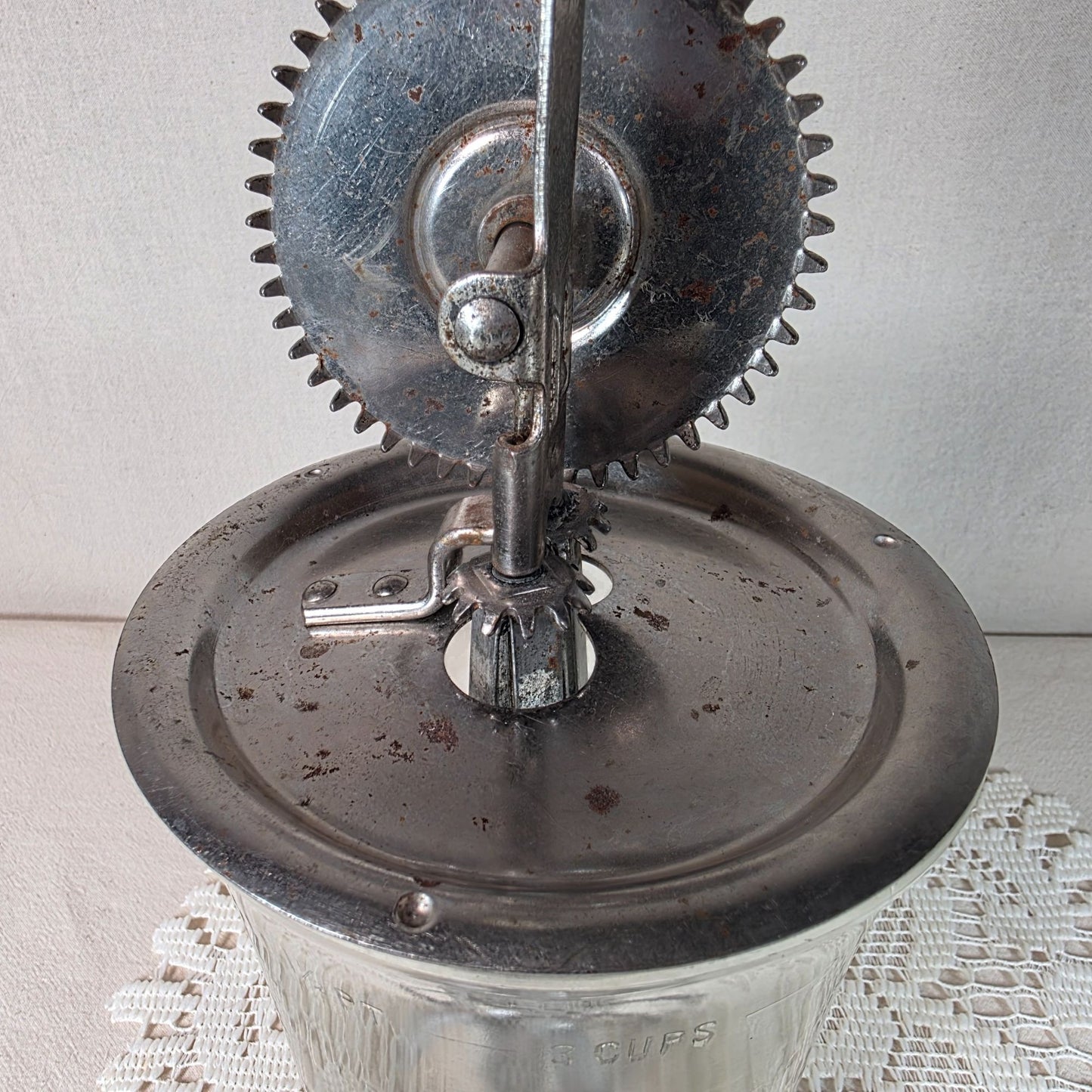 Vintage A.J. Egg Beater Mixer With Glass Jar 3-Cup Capacity Gear-Driven Metal Mechanism & Wooden Handle