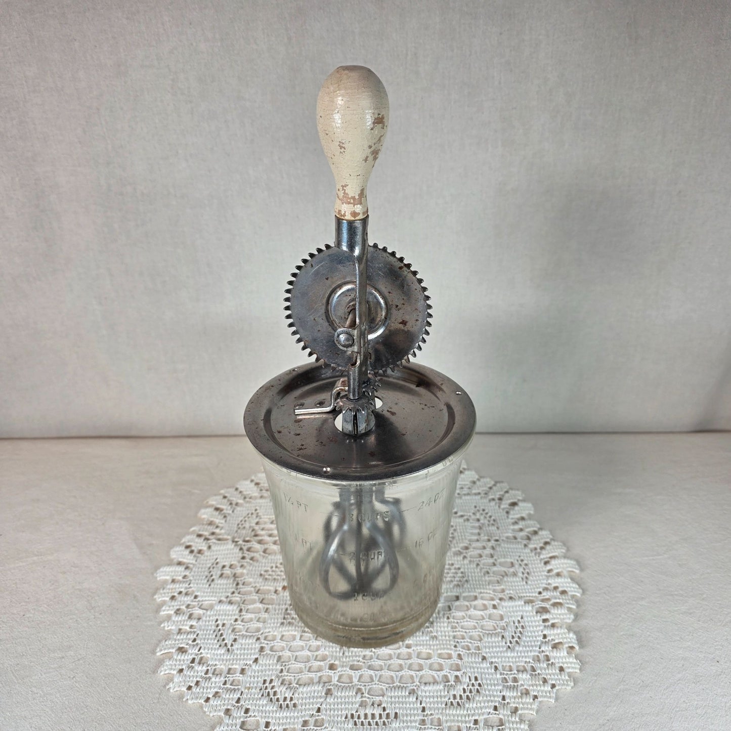 Vintage A.J. Egg Beater Mixer With Glass Jar 3-Cup Capacity Gear-Driven Metal Mechanism & Wooden Handle