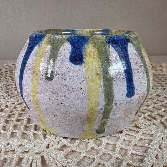 Handmade Ceramic Planter By Laurie Bennett With Blue Green & Yellow Drip Glaze Design