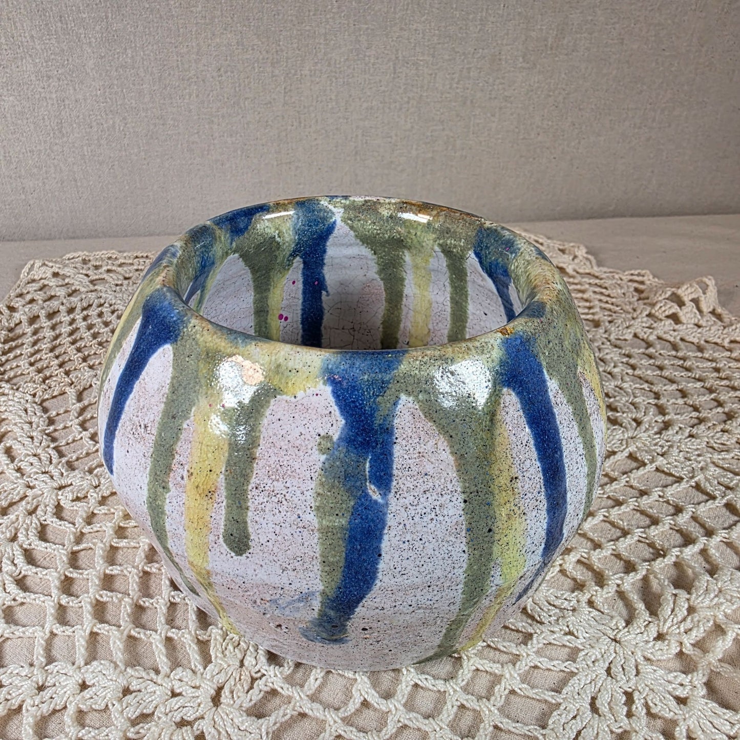Handmade Ceramic Planter By Laurie Bennett With Blue Green & Yellow Drip Glaze Design