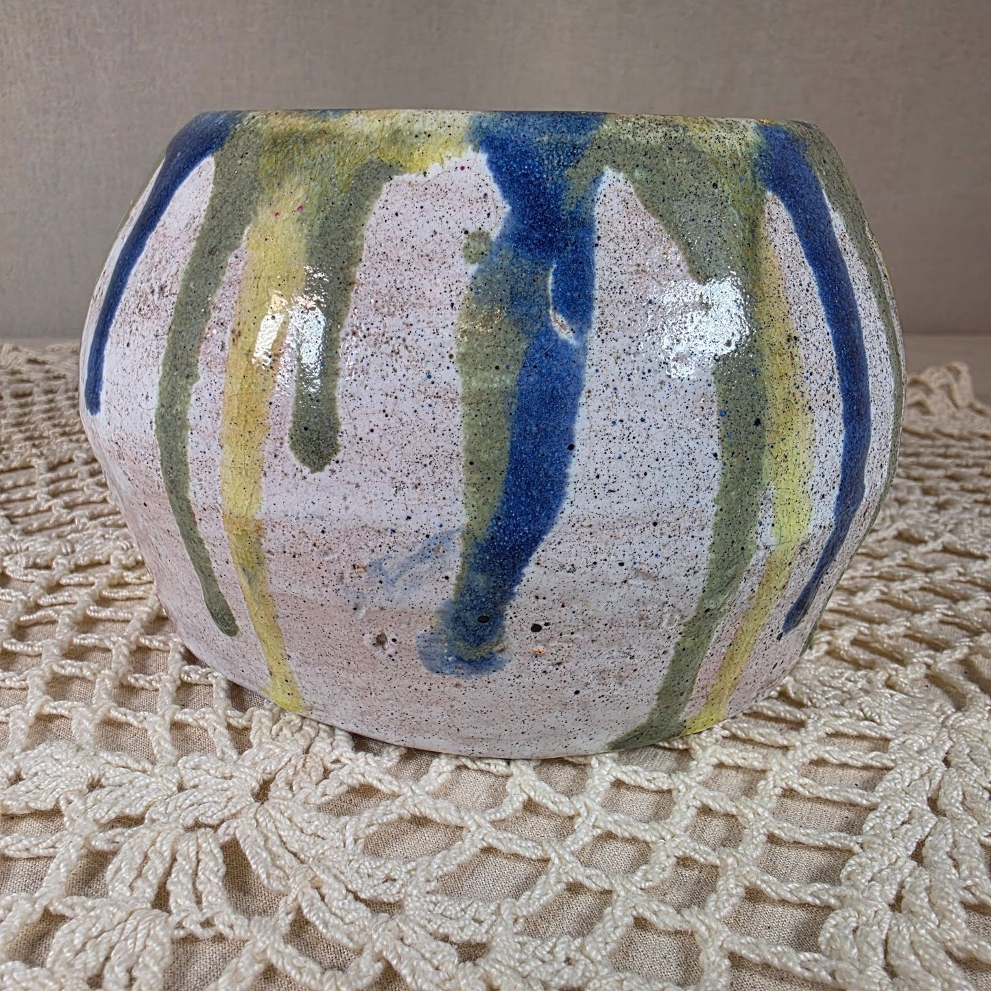 Handmade Ceramic Planter By Laurie Bennett With Blue Green & Yellow Drip Glaze Design