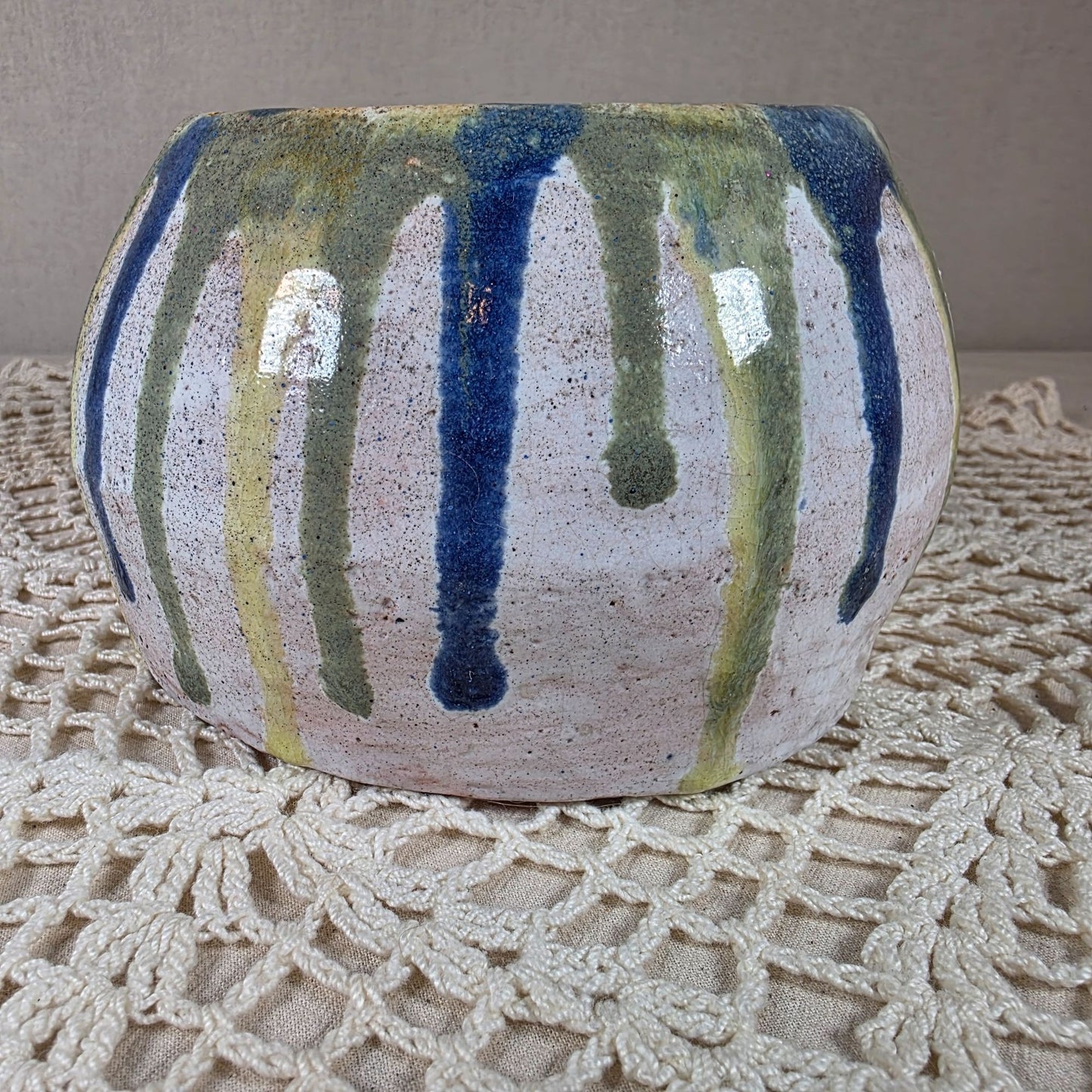 Handmade Ceramic Planter By Laurie Bennett With Blue Green & Yellow Drip Glaze Design