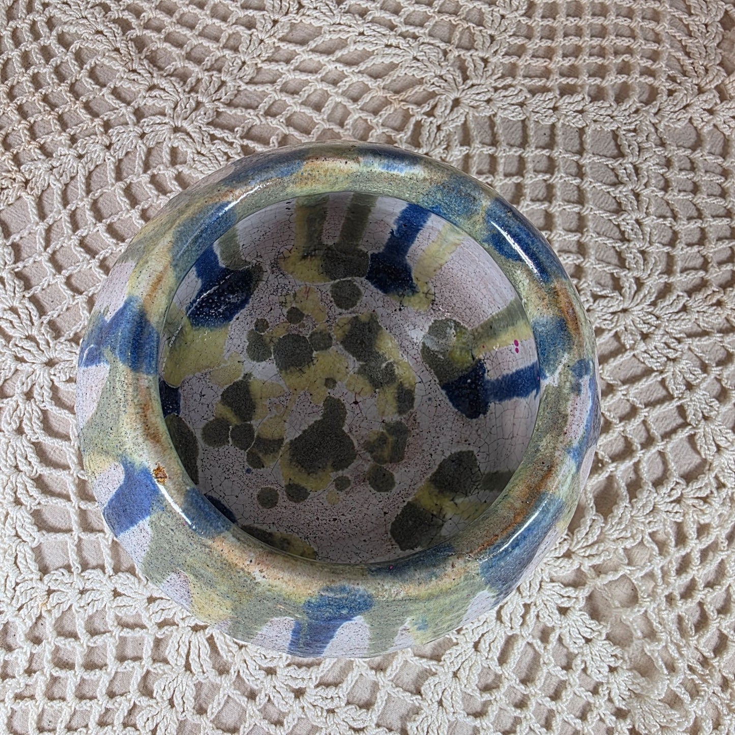 Handmade Ceramic Planter By Laurie Bennett With Blue Green & Yellow Drip Glaze Design