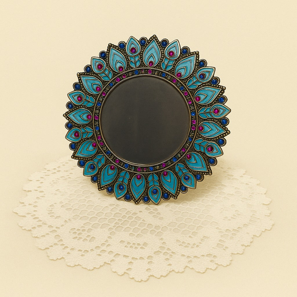Pier 1 Imports Peacock Bejeweled Picture Frame – Enamel & Rhinestones Round Desk