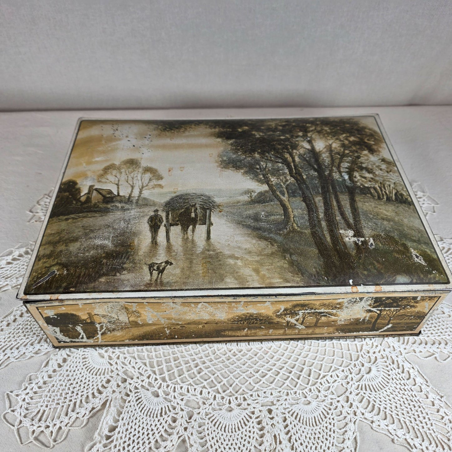 Vintage NBC Uneeda Biscuit Tin Box Country Landscape Scene National Biscuit Company Advertising