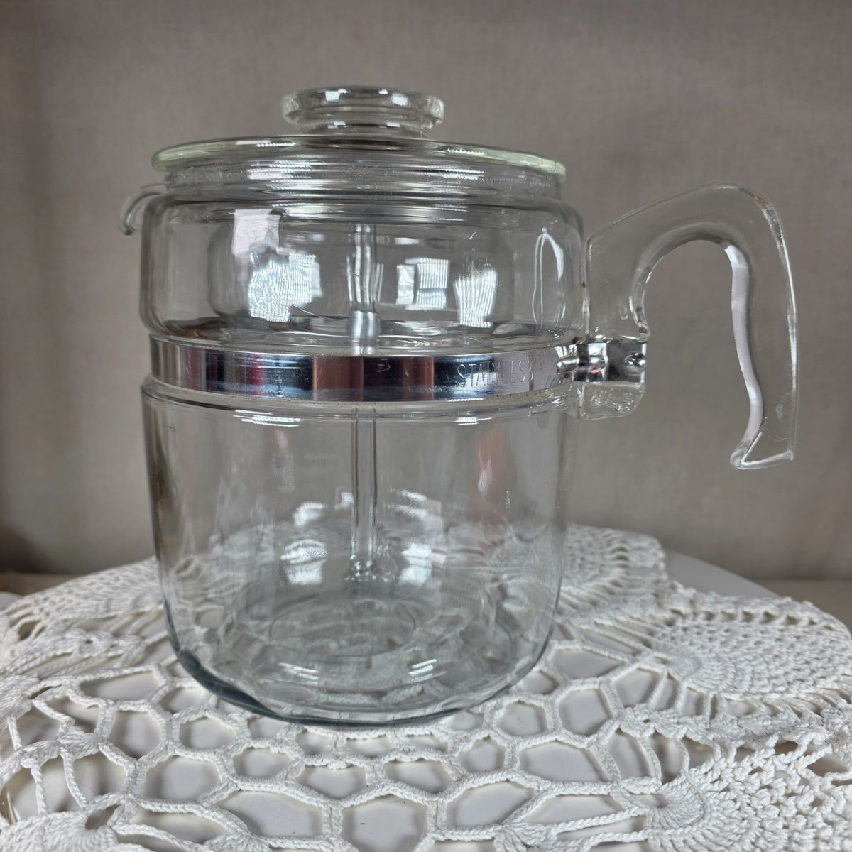 Vintage Pyrex Glass Percolator Coffee Pot Stainless Band Clear Complete Clean