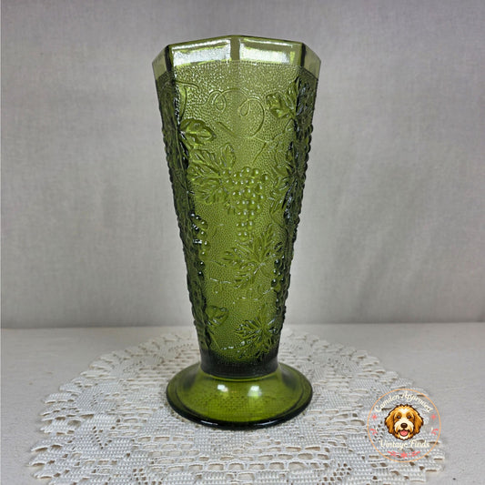 MCM Green Pressed Glass Vase With Grape & Wine Pattern Octagonal Shape 9.5" Tall Vintage Decor Piece