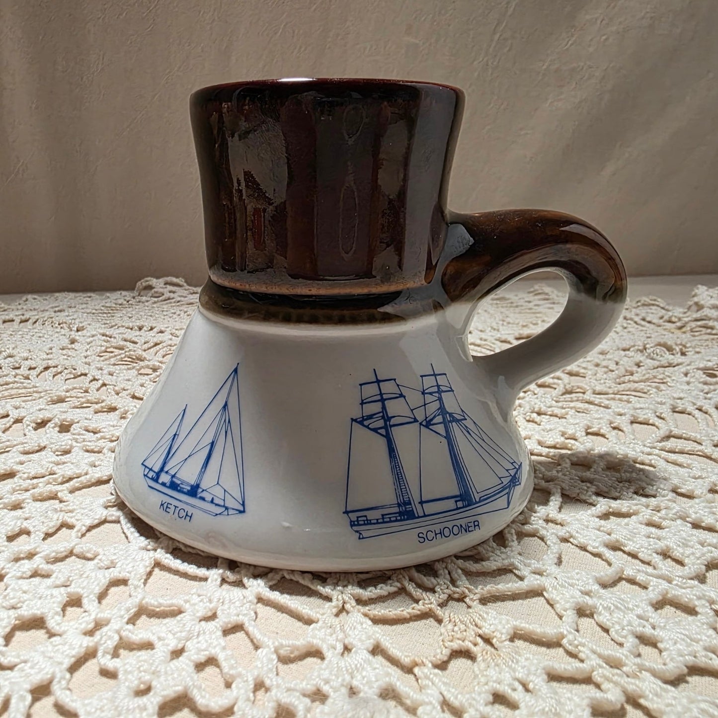 Vintage Ceramic Mug With Nautical Ship Illustrations & Brown Glaze Handle