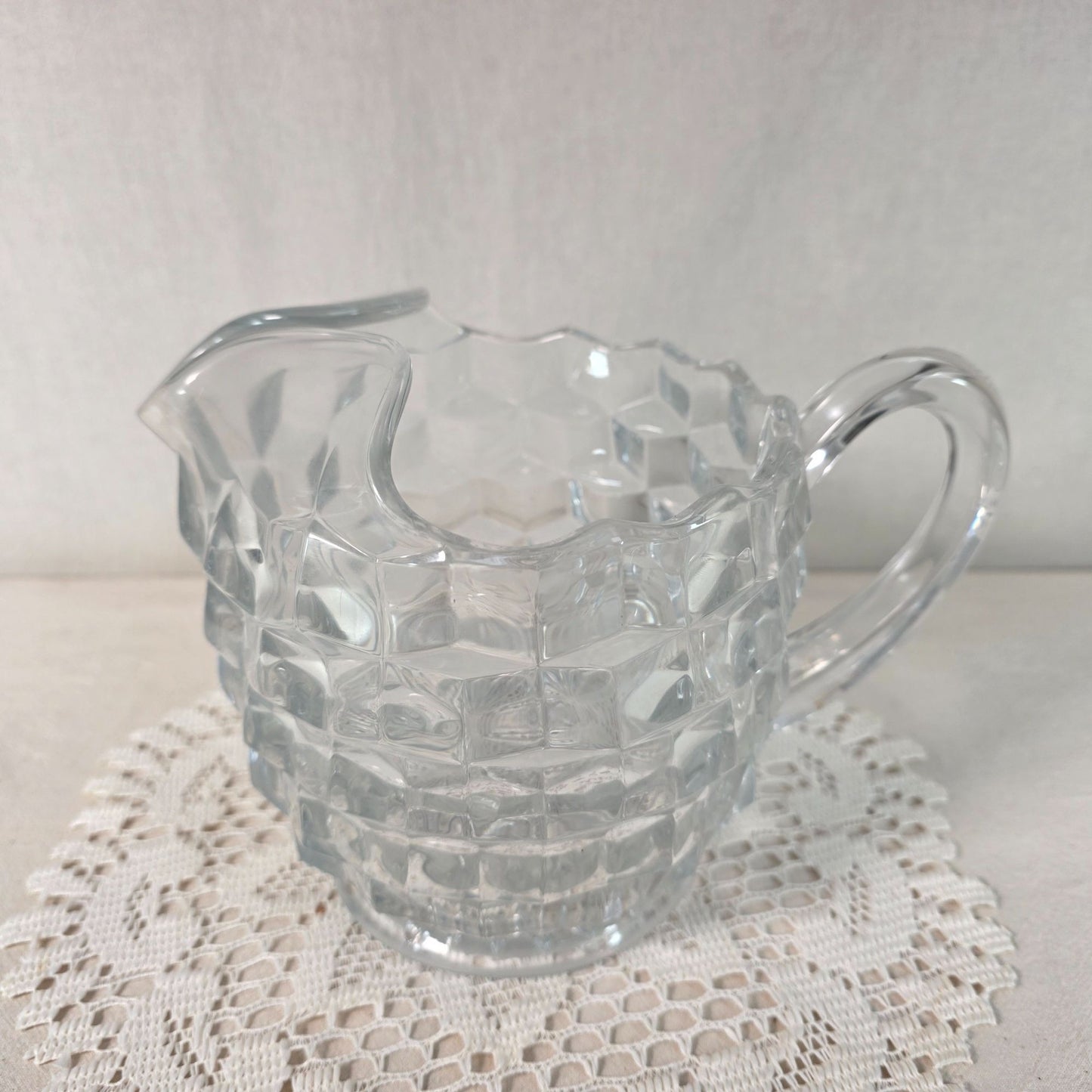 Vintage Fostoria Cubist Pattern Heave Pressed Crystal Pitcher with Ice Lip - 6 1/2:"