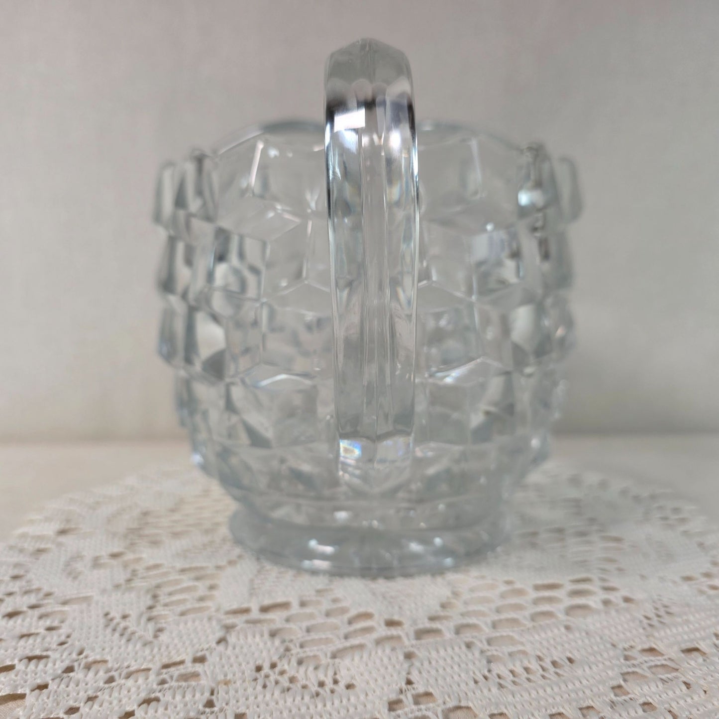 Vintage Fostoria Cubist Pattern Heave Pressed Crystal Pitcher with Ice Lip - 6 1/2:"