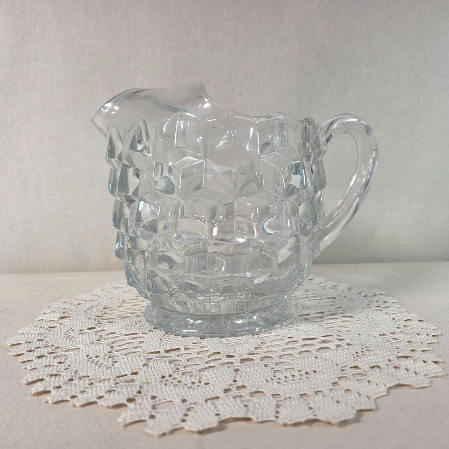 Vintage Fostoria Cubist Pattern Heave Pressed Crystal Pitcher with Ice Lip - 6 1/2:"