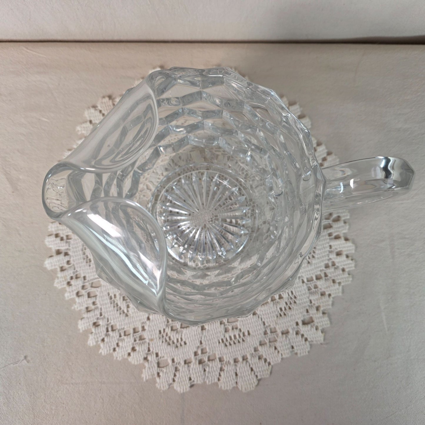Vintage Fostoria Cubist Pattern Heave Pressed Crystal Pitcher with Ice Lip - 6 1/2:"