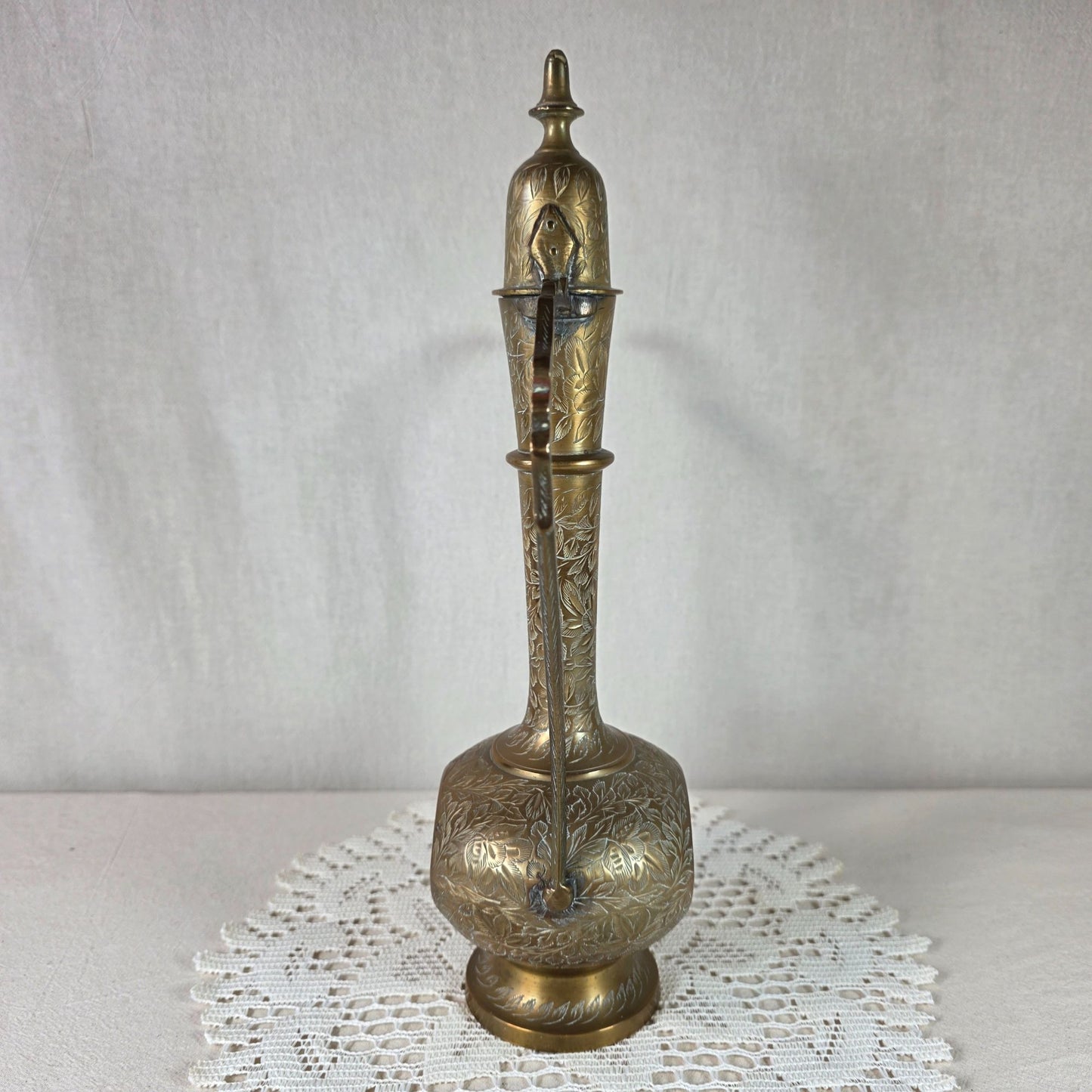 Vintage Hand Engraved Brass Ewer Ornate Middle Eastern Serving Vessel