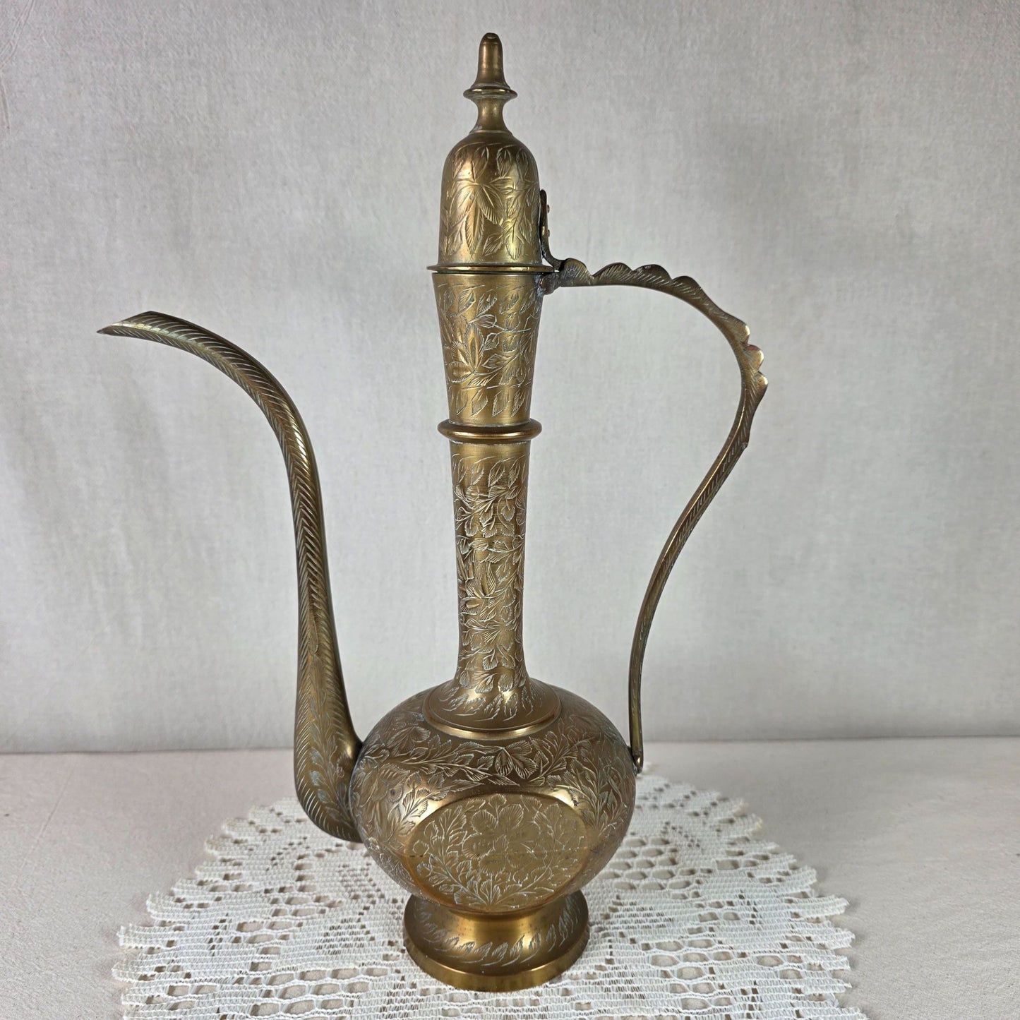 Vintage Hand Engraved Brass Ewer Ornate Middle Eastern Serving Vessel