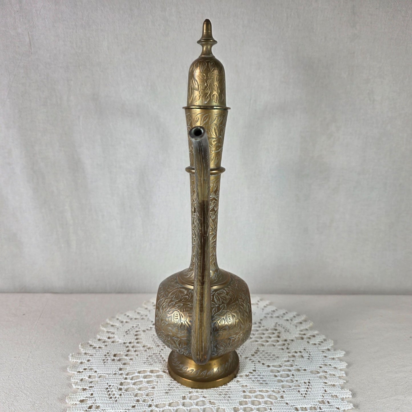 Vintage Hand Engraved Brass Ewer Ornate Middle Eastern Serving Vessel