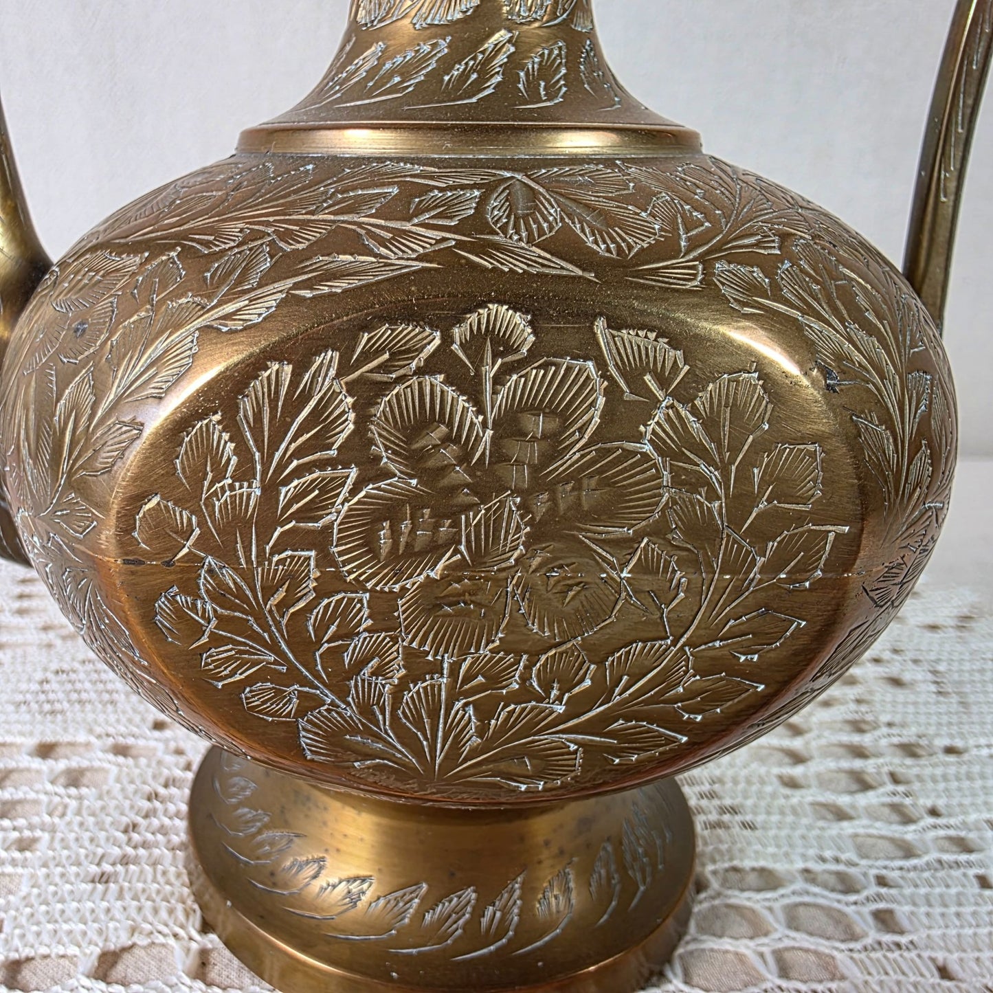 Vintage Hand Engraved Brass Ewer Ornate Middle Eastern Serving Vessel