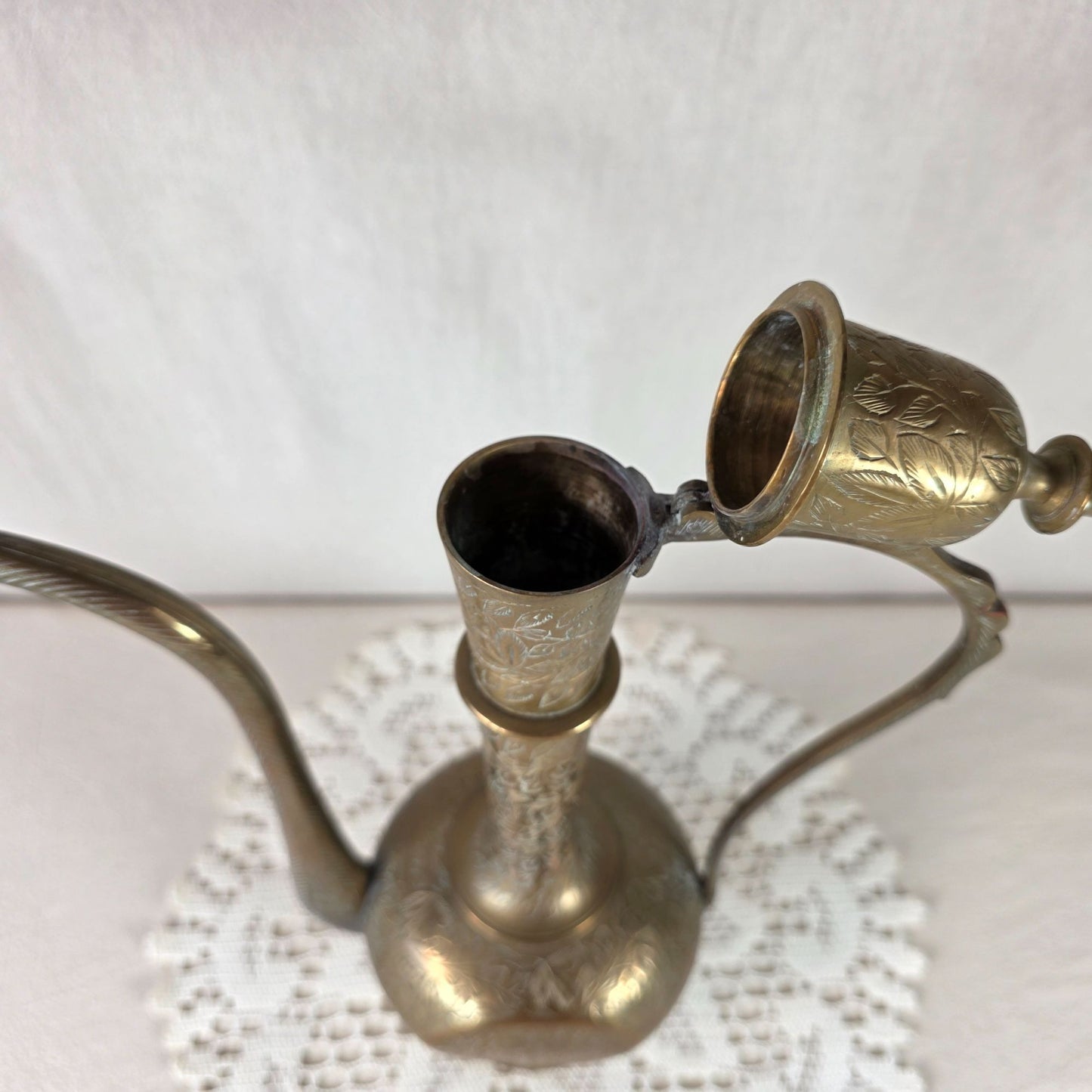 Vintage Hand Engraved Brass Ewer Ornate Middle Eastern Serving Vessel