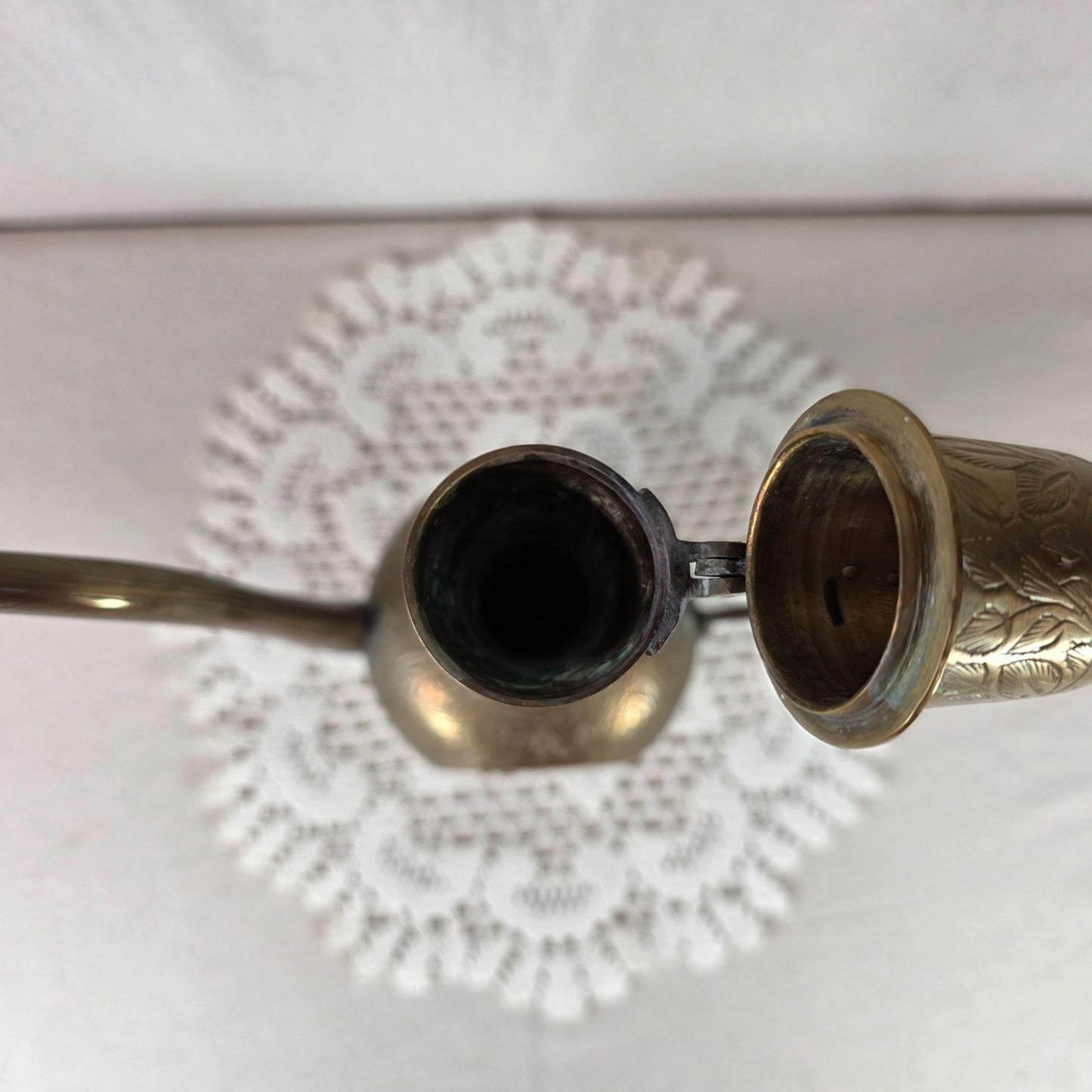 Vintage Hand Engraved Brass Ewer Ornate Middle Eastern Serving Vessel