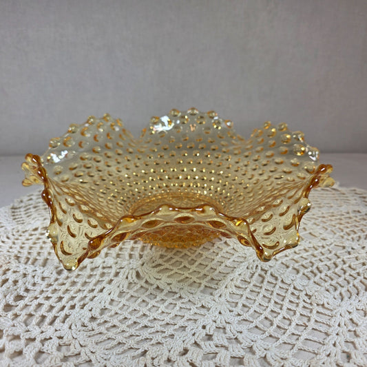 Amber Hobnail Glass Bowl With Scalloped Ruffled Edges Decorative Centerpiece Vintage Home Decor