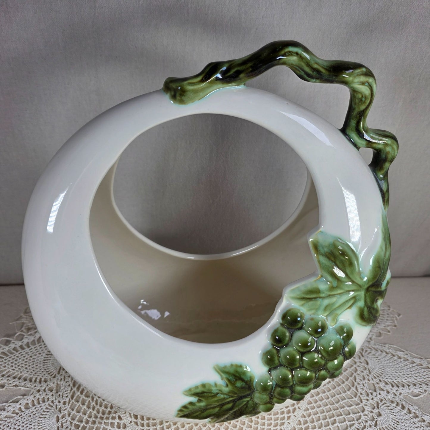 Hull Pottery Tokay Moon Basket Planter MCM Ceramic Grapevine Design 11" Tall