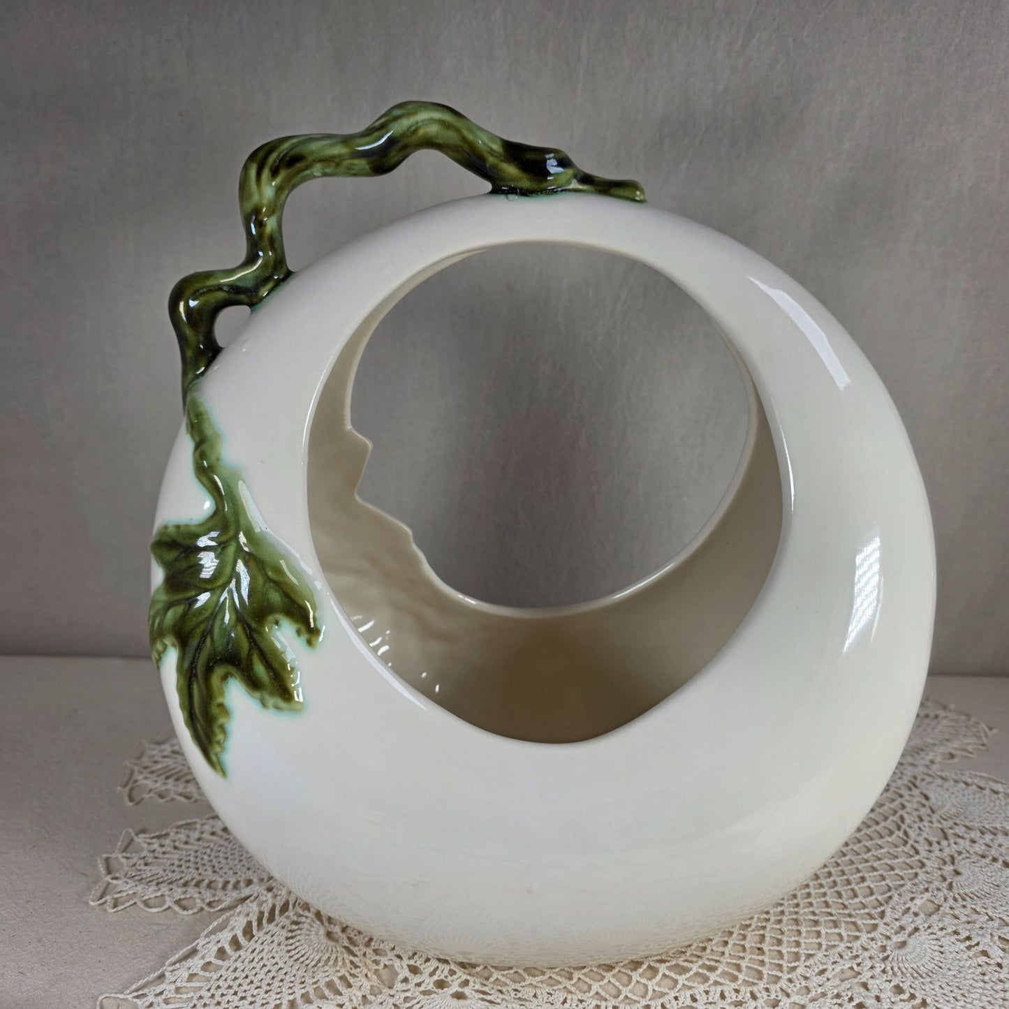 Hull Pottery Tokay Moon Basket Planter MCM Ceramic Grapevine Design 11" Tall