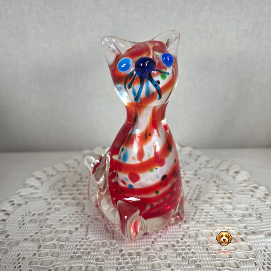 Vintage Hand Blown Art Glass Cat Figurine Red Confetti Spatter Multicolor Murano Style