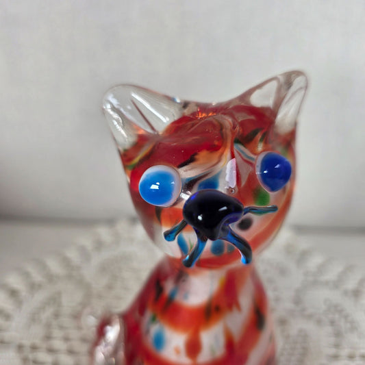 Vintage Hand Blown Art Glass Cat Figurine Red Confetti Spatter Multicolor Murano Style