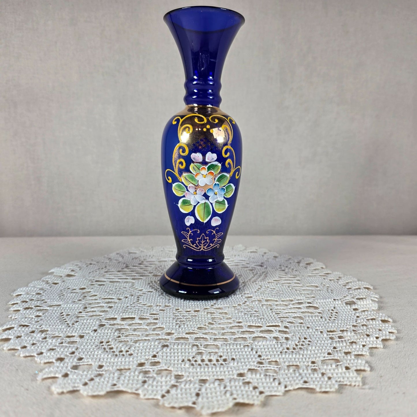 Bohemian Czech Cobalt Blue Vase 24k Gold Gilt & Hand Enameled Floral Design Elegant Decorative Glass Accent Piece