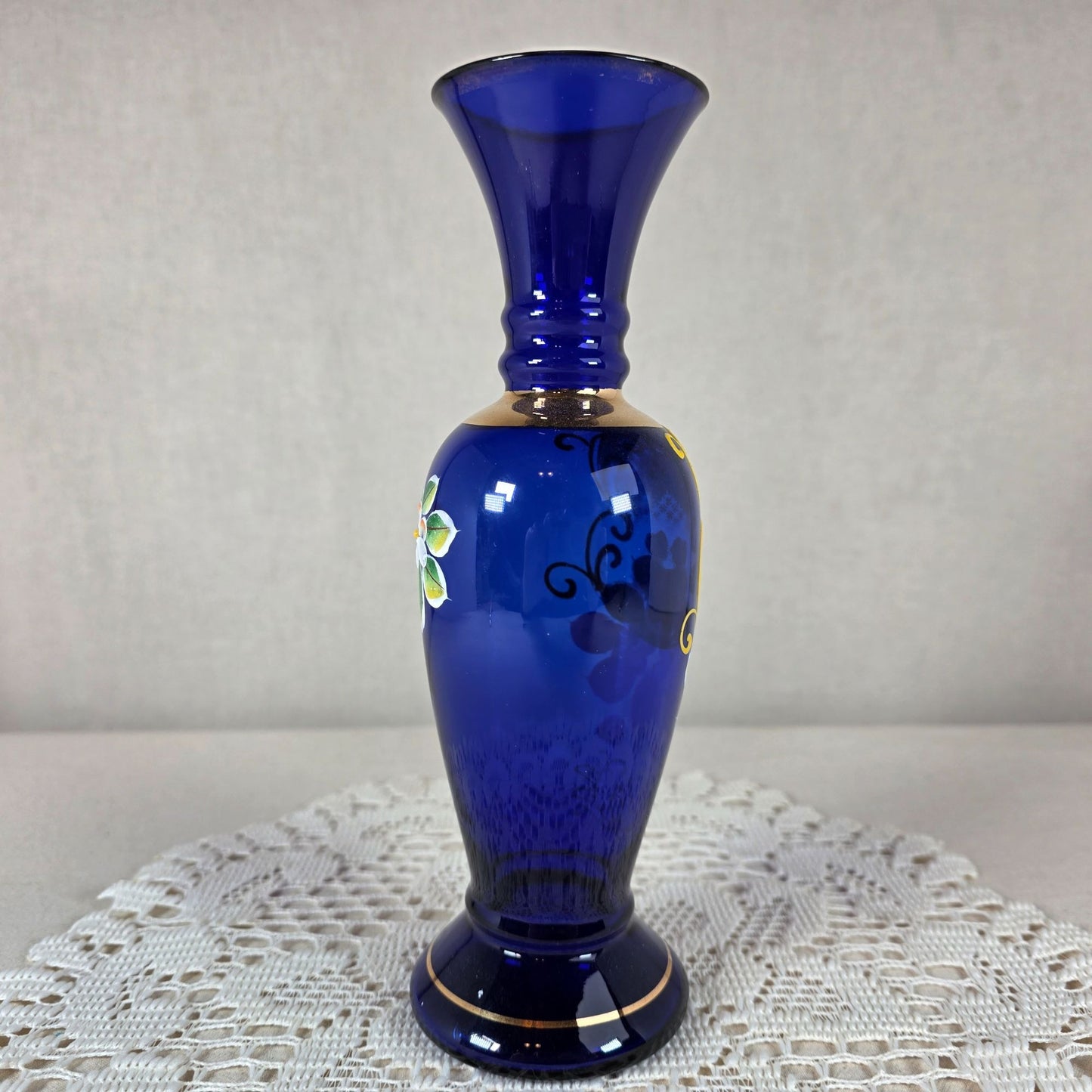 Bohemian Czech Cobalt Blue Vase 24k Gold Gilt & Hand Enameled Floral Design Elegant Decorative Glass Accent Piece