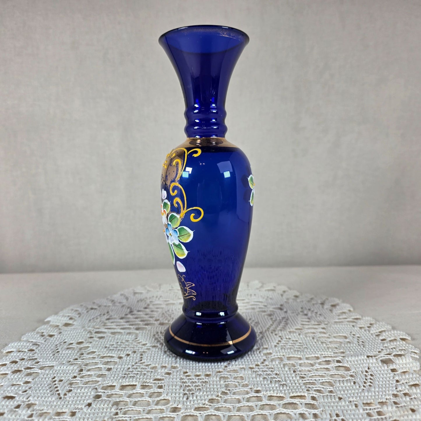 Bohemian Czech Cobalt Blue Vase 24k Gold Gilt & Hand Enameled Floral Design Elegant Decorative Glass Accent Piece