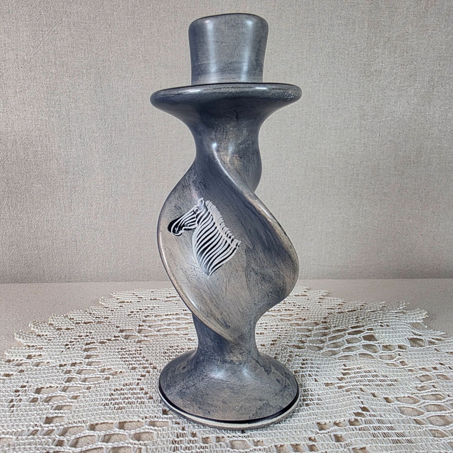 Hand-Carved African Soapstone Zebra Silhouette Decorative Candle Holder