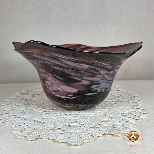Signed P. Yockey Studio Art Glass Bowl Amethyst Purple Pink Freeform Hand Blown 10"