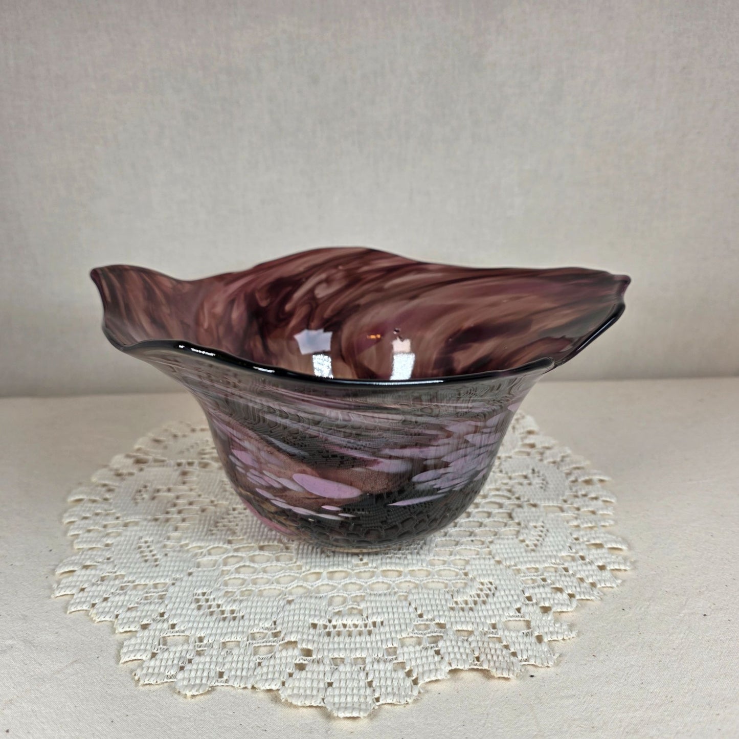 Signed P. Yockey Studio Art Glass Bowl Amethyst Purple Pink Freeform Hand Blown 10"