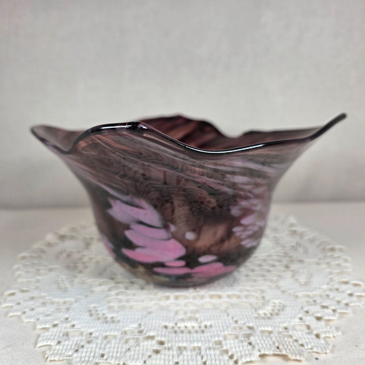 Signed P. Yockey Studio Art Glass Bowl Amethyst Purple Pink Freeform Hand Blown 10"