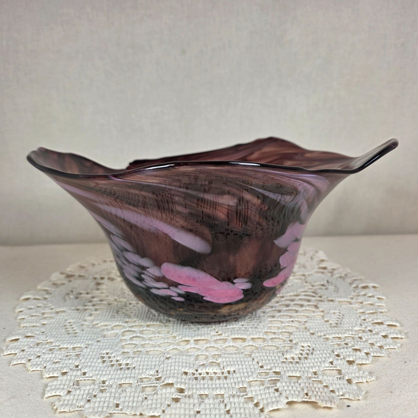 Signed P. Yockey Studio Art Glass Bowl Amethyst Purple Pink Freeform Hand Blown 10"