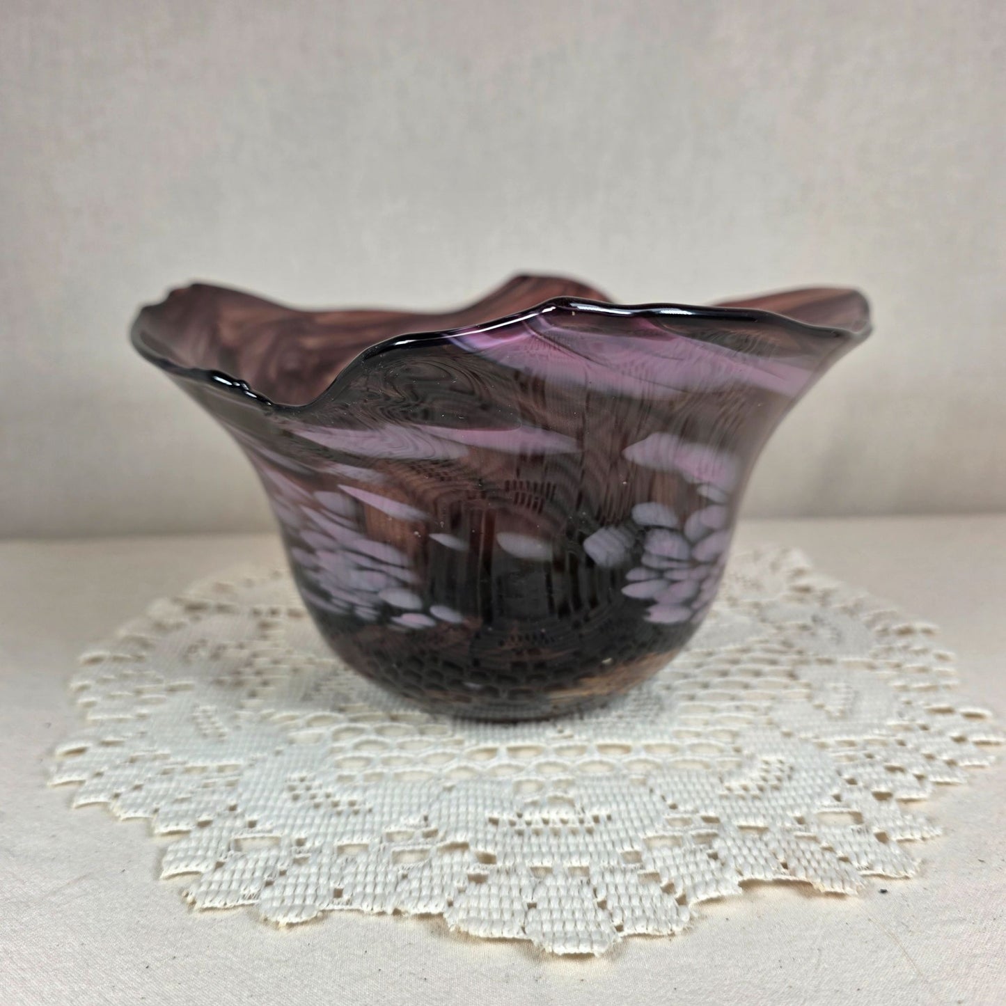 Signed P. Yockey Studio Art Glass Bowl Amethyst Purple Pink Freeform Hand Blown 10"
