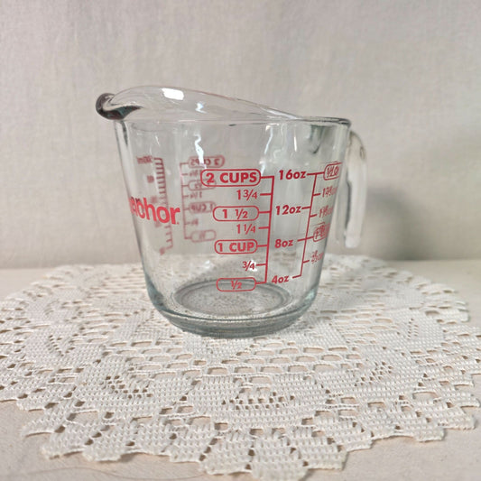 Vintage Anchor Hocking Glass 2 Cup Measuring Cup With Red Markings & Spout - Durable & Functional Kitchen Essential