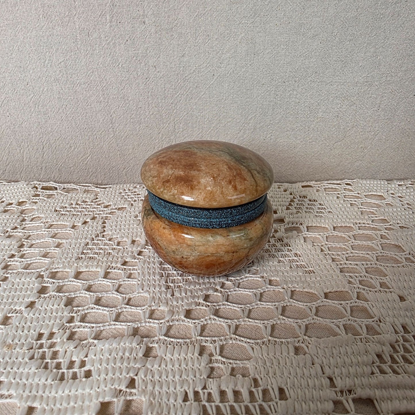 Vintage Italian Pier 1 Imports Alabaster Trinket Box Hinged Lid Blue Accent 2" Diameter 1.75" Tall