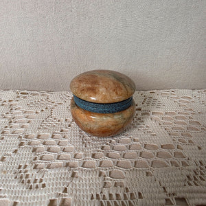 Vintage Italian Pier 1 Imports Alabaster Trinket Box Hinged Lid Blue Accent 2" Diameter 1.75" Tall