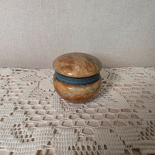Vintage Italian Pier 1 Imports Alabaster Trinket Box Hinged Lid Blue Accent 2" Diameter 1.75" Tall
