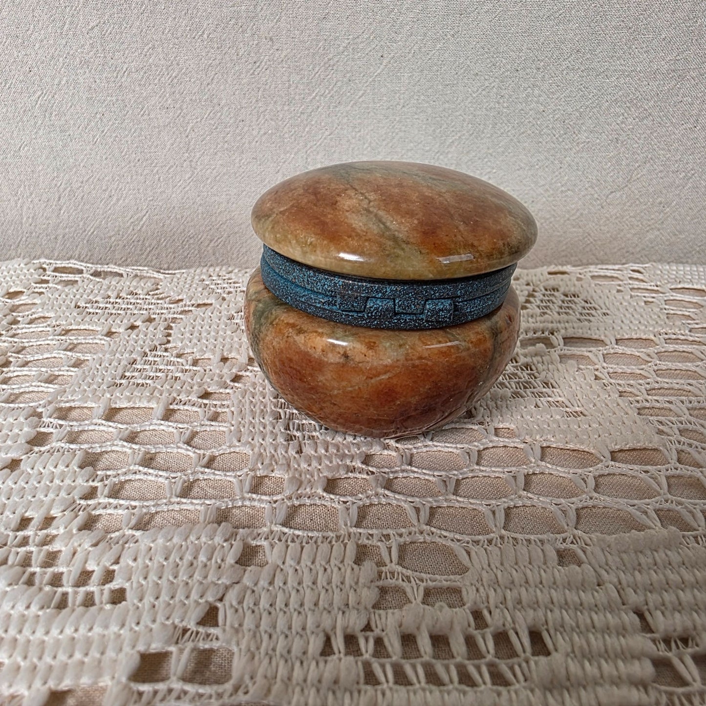 Vintage Italian Pier 1 Imports Alabaster Trinket Box Hinged Lid Blue Accent 2" Diameter 1.75" Tall